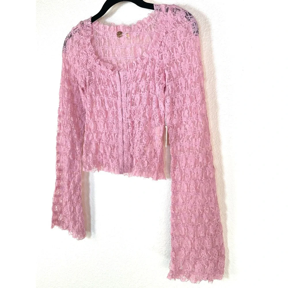 Free People FP One Madison Lace Top Pink Sheer Smocked Bell Sleeve XS‎ NWT